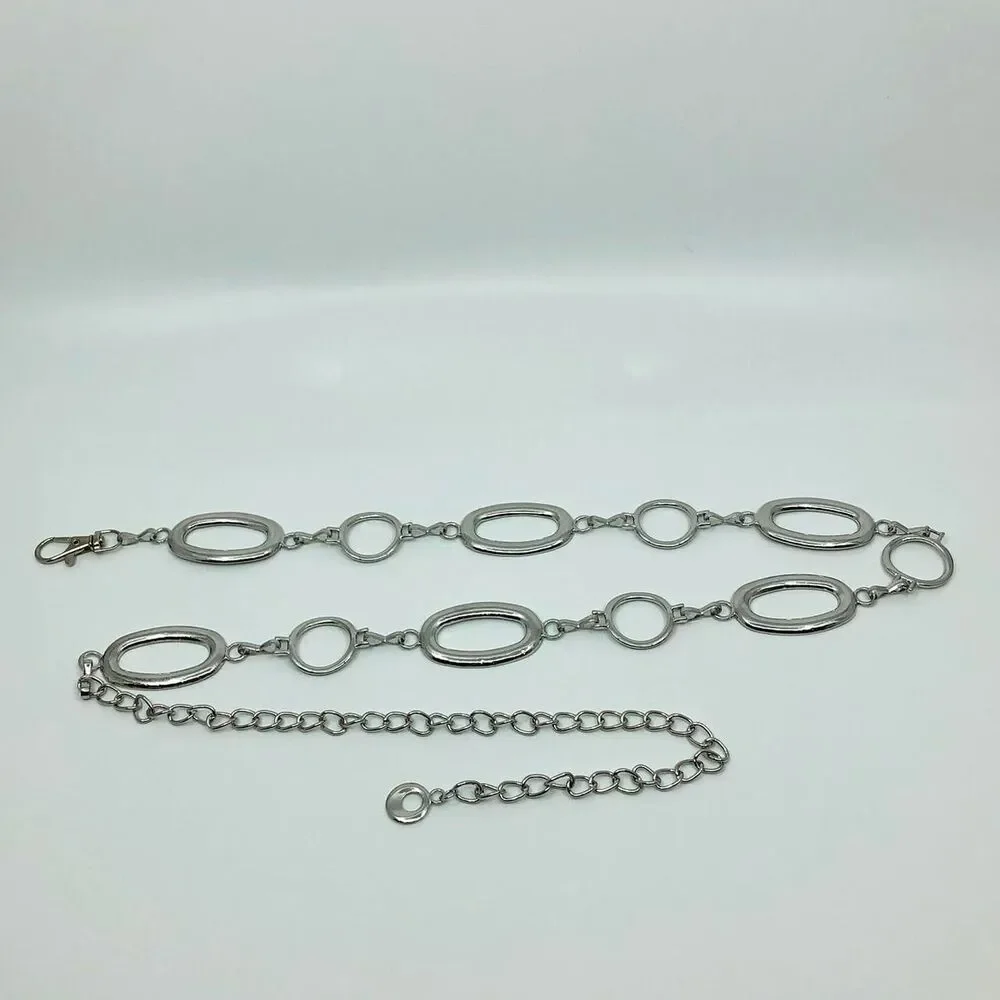 Y2K Minimalist Silver Geometric Link Chain Belt, Fits 29–42 Inches, X7GA1221